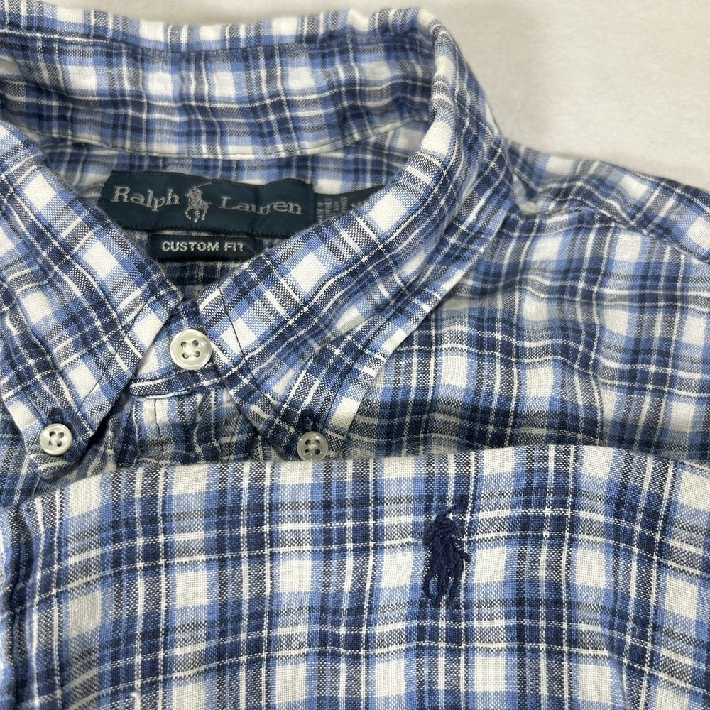 Polo Ralph Lauren Men's XL Blue Plaid 100% Linen Short Sleeve‎ Button Up Shirt